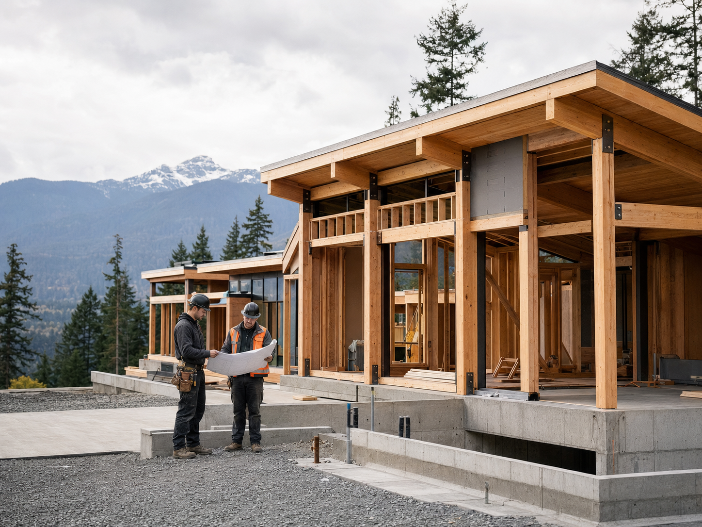 Builders reviewing plans at a custom home construction site