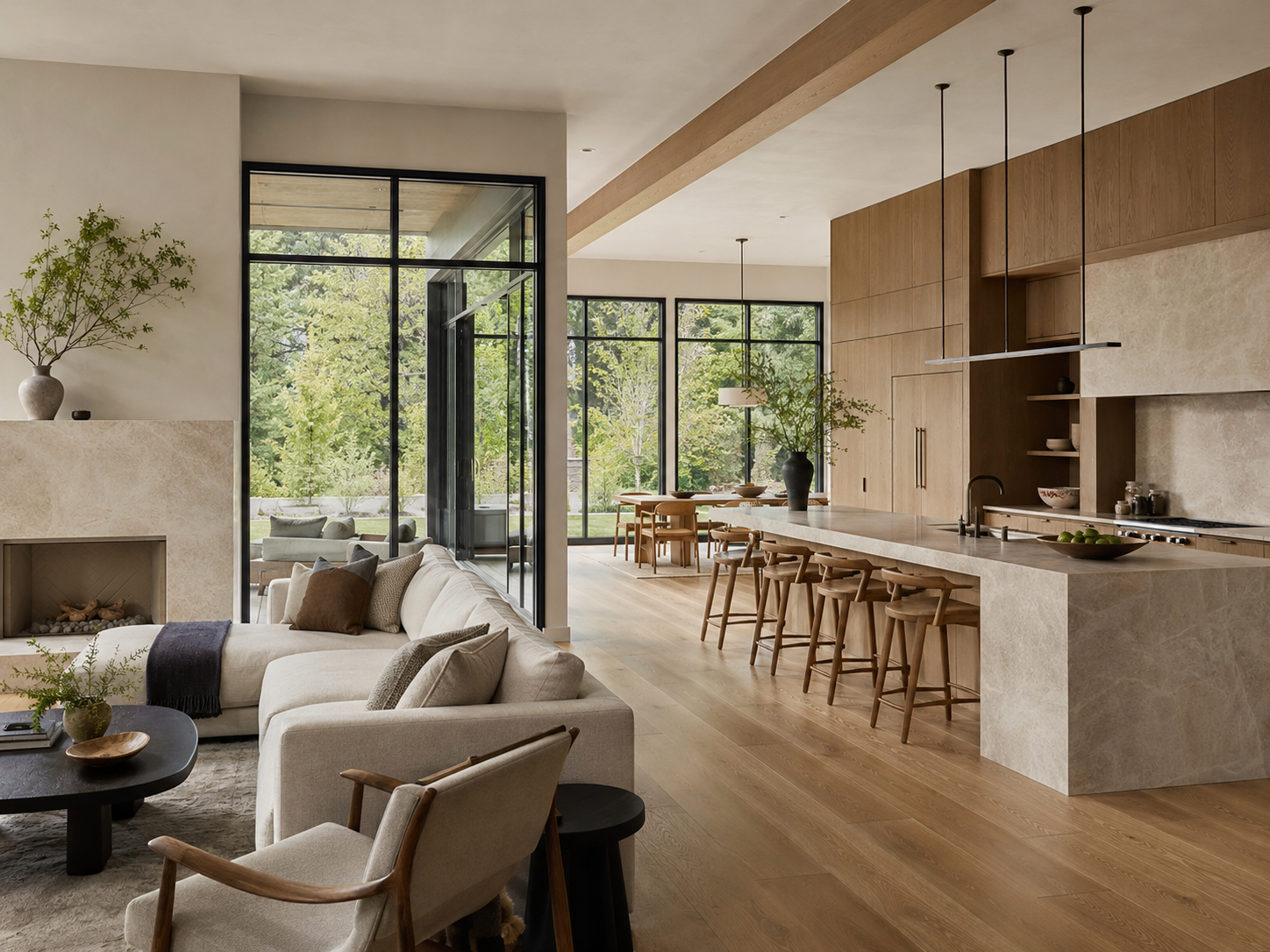 Warm modern interior with oak millwork and natural stone